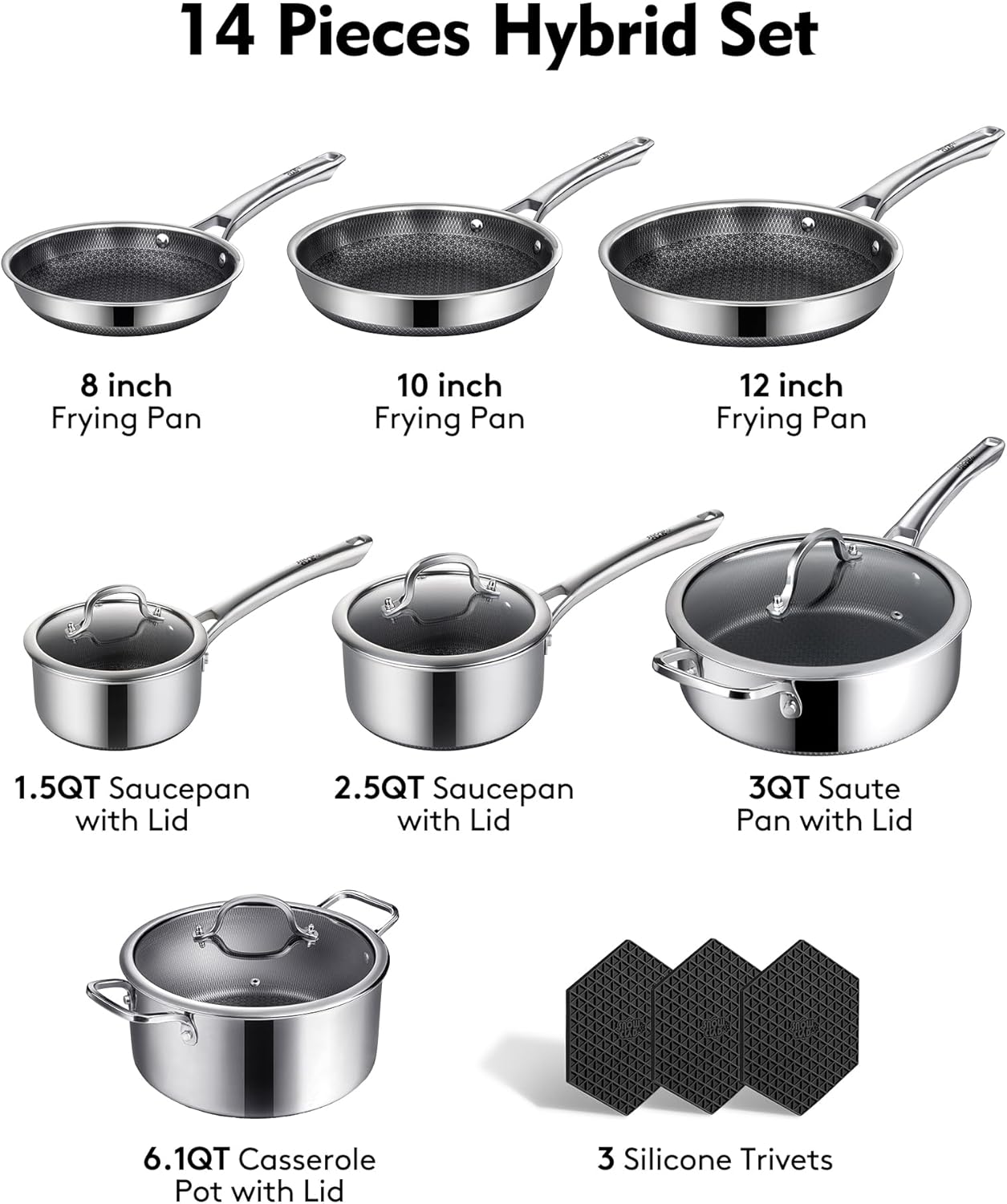 SN0WCLAD Hybrid Stainless Steel Nonstick Cookware Set – 10PC & 14PC