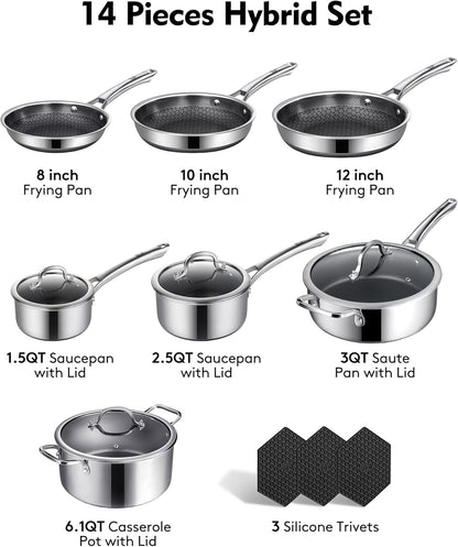 SN0WCLAD Hybrid Stainless Steel Nonstick Cookware Set – 10PC & 14PC