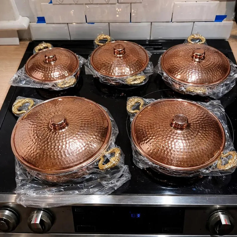 Handmade Copper Cookware Set with Brass Handles